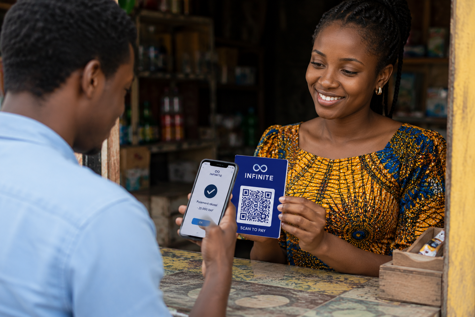 Client payant par QR code INFINITE dans une boutique de quartier